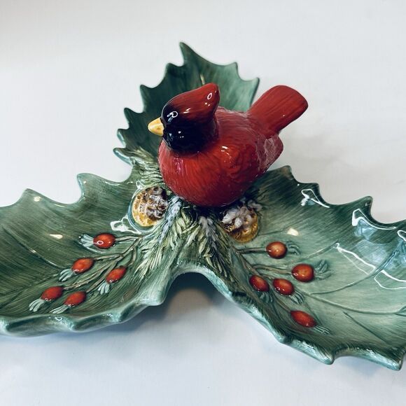 Christmas Traditions Cardinal Holly Ceramic Dish Holiday Red/Green 10" VTG - Picture 5 of 16